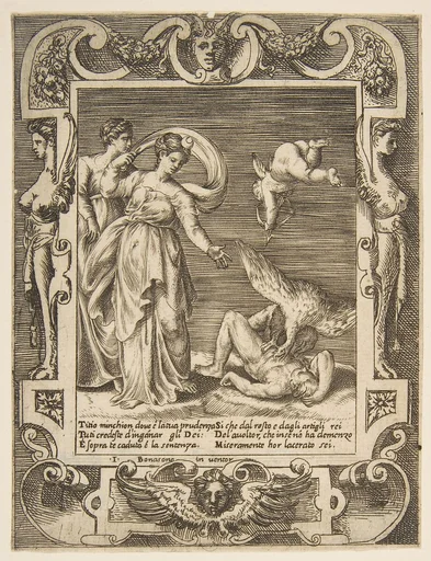 A vulture eating the innards of Titius, Cupid above two women to the left, set within and elaborate frame, from "Loves, Rages and Jealousies of Juno"