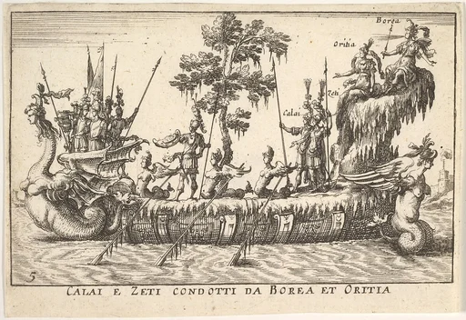 Calais and Zetes led by Boreas and Oreithyia (Calai e Zeti condotti da Borea et Oritia), with female-headed sea creatures at the prow and stern, and a tree at shipdeck center, from the series 'The magnificent pageant on the river Arno in Florence for the marriage of the Grand Duke' (Le Magnifique carousel fait sur le fleuve de l'Arne a Florence, pour le mariage du Grand Duc), for the wedding celebration of Cosimo de' Medici in Florence, 1608