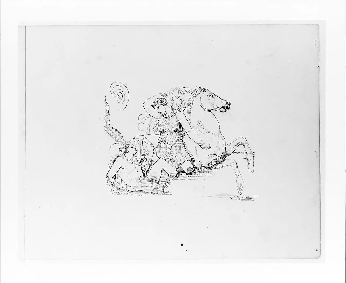 Two Male Figures with a Horse (after the Parthenon Frieze?) (from Sketchbook) — John Quincy Adams Ward