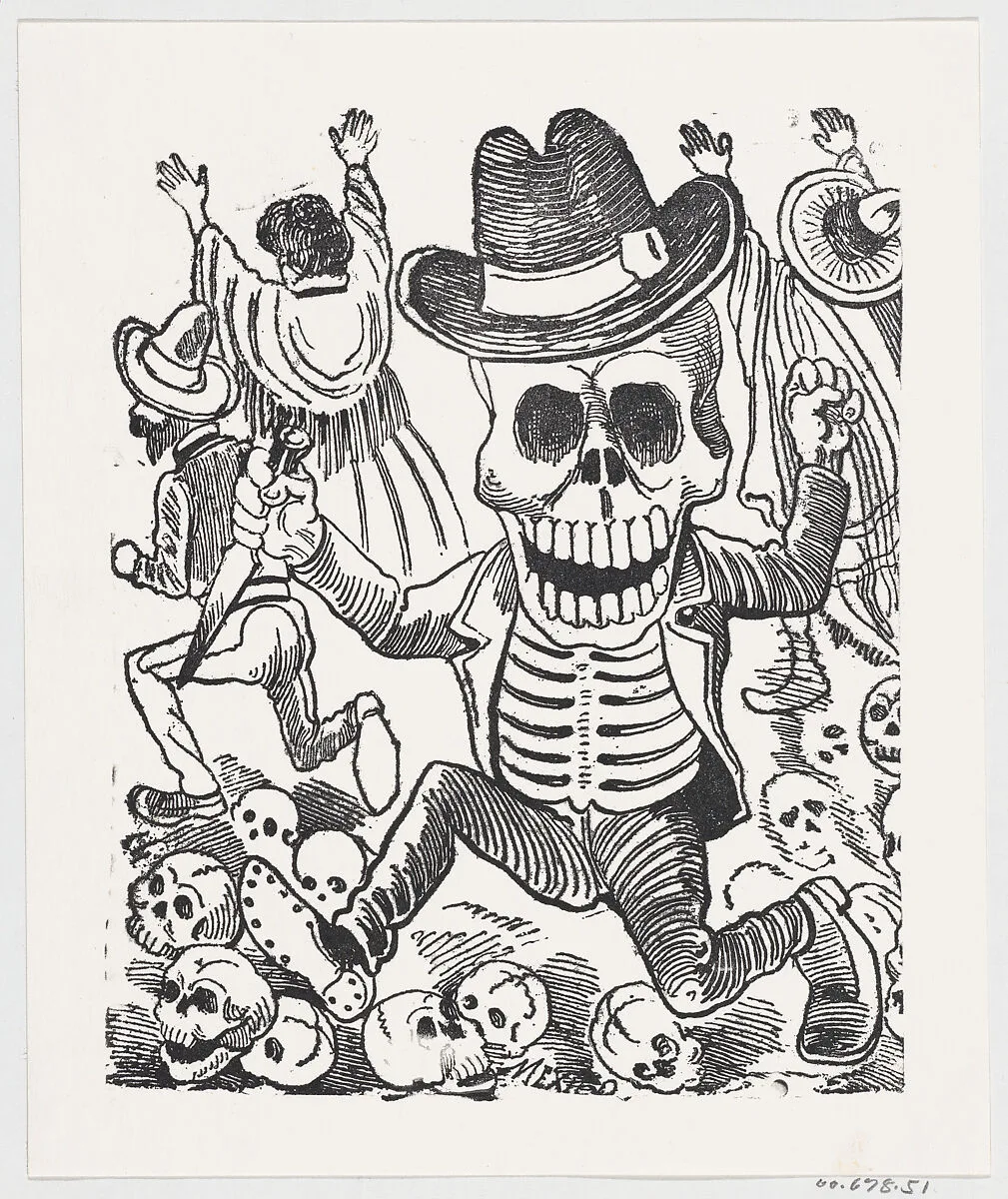 A skeleton holding a knife leaping over a pile of skulls, people flee in the background, from a broadside entitled 'Las bravisimas calaveras Guatemaltecas' — José Guadalupe Posada|José Sanchez
