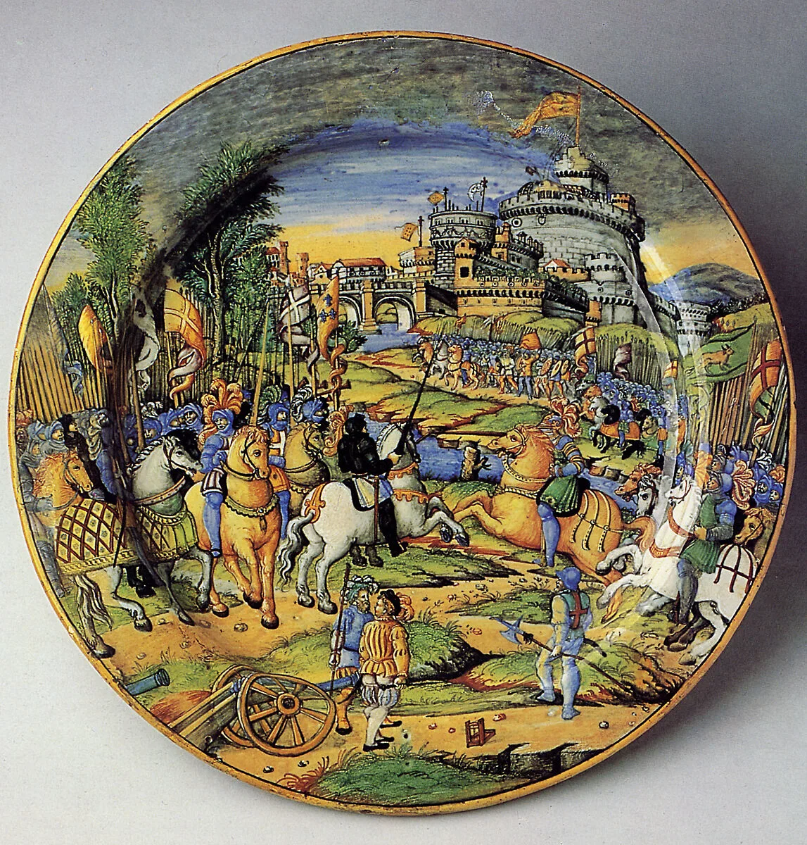 Large plate (grande piatto): An episode from the Sack of Rome, 1527: the assault on the Borgo (?) — workshop of Guido Durantino