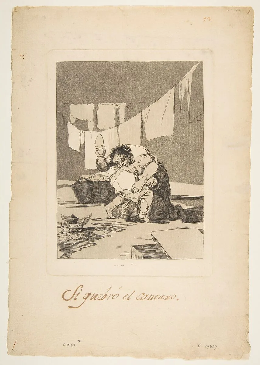 Plate 25 from 'Los Caprichos': If he broke the pot (Si quebró el cantaro.) — Goya (Francisco de Goya y Lucientes)