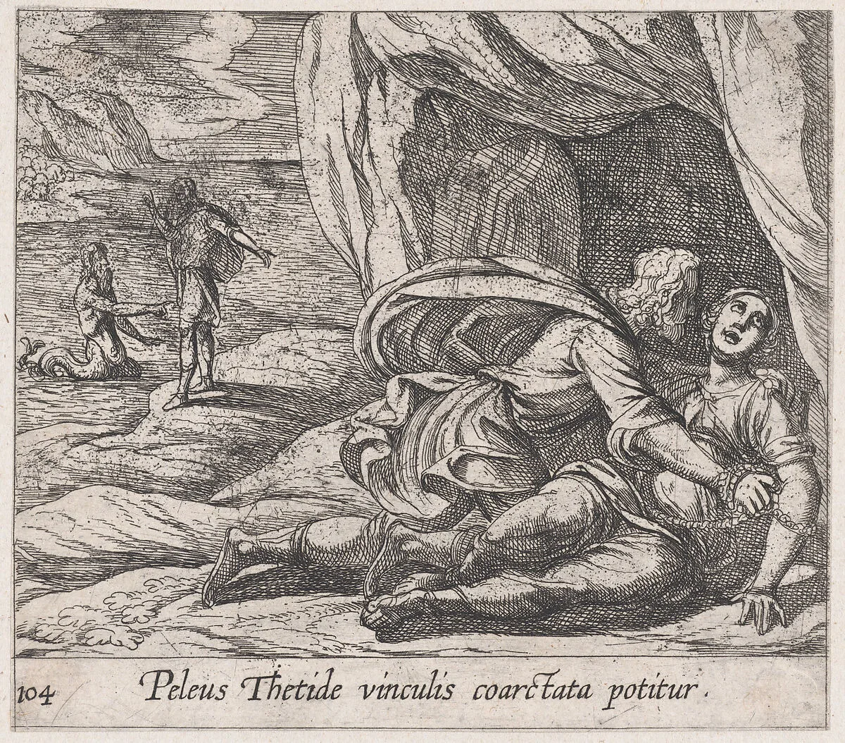 Plate 104: Peleus Embracing Thetis (Peleus Thetide vinculis coarctata potitur), from Ovid's 'Metamorphoses' — Antonio Tempesta
