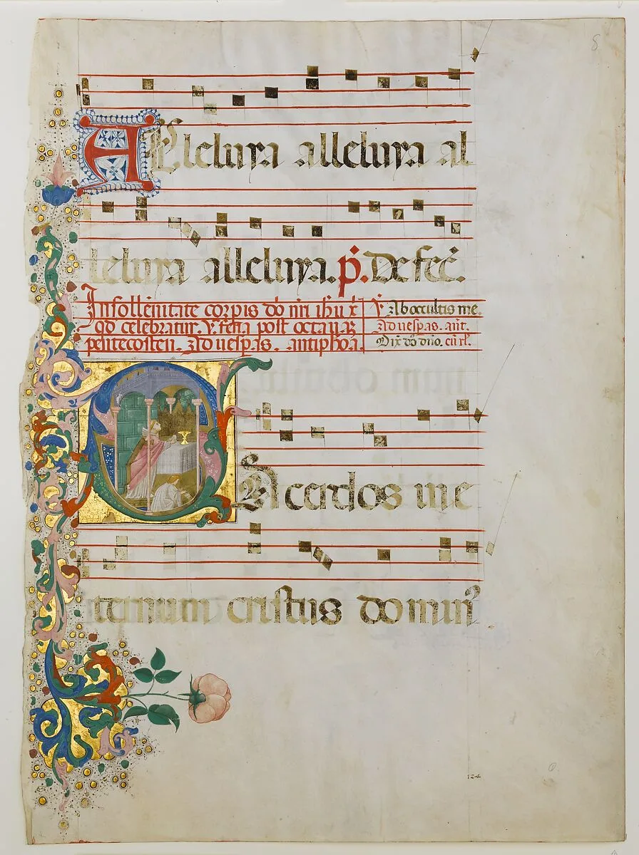 Manuscript Leaf with the Celebration of a Mass in an Initial S, from an Antiphonary — Master of the Riccardiana Lactantius