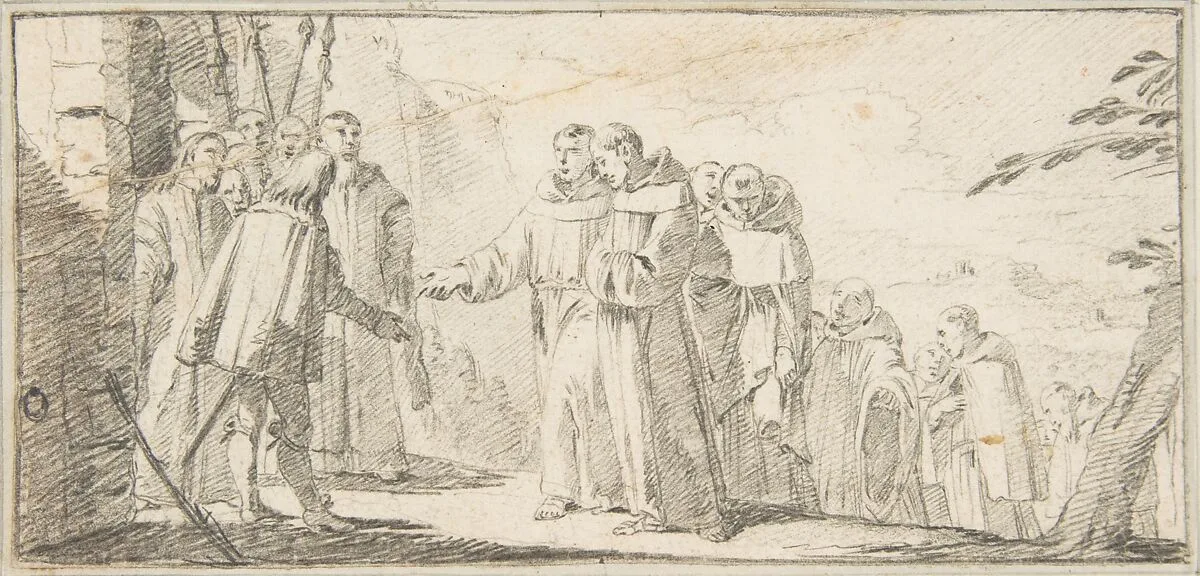 Illustration for a Book: Reception of Monks at a City Gate — Giovanni Battista Tiepolo