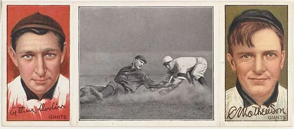 "Too Late For Devlin," with Arthur Devlin (Giants) and Mathewson (Giants), from the series Hassan Triple Folders (T202) — Hassan Cigarettes