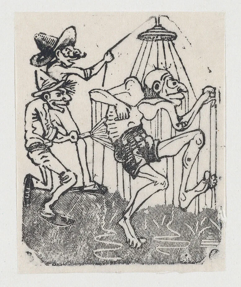 An old man having a shower accompanied by two other figures — José Guadalupe Posada