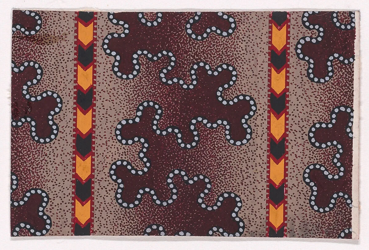 Textile Design with Alternating Quatrefoils Bordered with Pearls and Framed by Interlacing Ribbons — Anonymous, Alsatian, 19th century