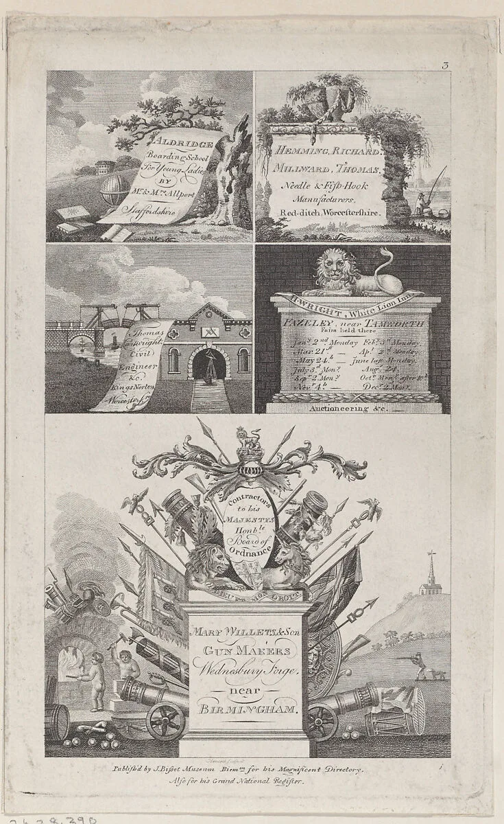 Trade Card for Bisset's Directory, Birmingham — James Bisset|Swinney and Hawkins|Thomas Hancock