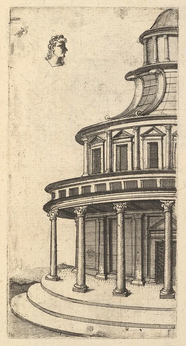 Partial view of a Building [Templum Iovis Ultoris) from the series 'Ruinarum variarum fabricarum delineationes pictoribus caeterisque id genus artificibus multum utiles' — Gerard de Jode|Monogrammist G.A. & the Caltrop|Lambert Suavius