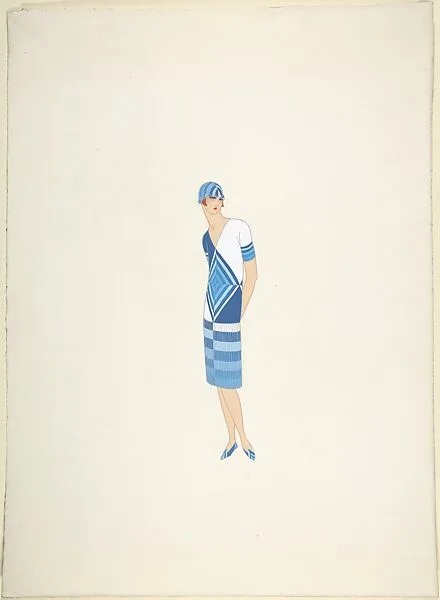 Design for Davidow, New York: Dress, Hat and Shoes in Seven Shades of Blue and White — Erté (Romain de Tirtoff)