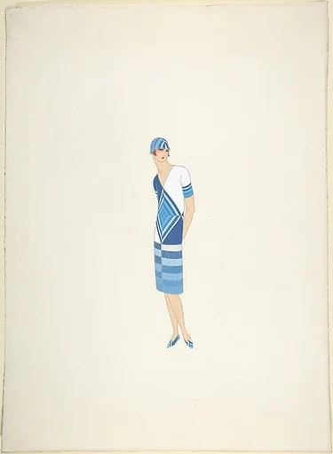 Design for Davidow, New York: Dress, Hat and Shoes in Seven Shades of Blue and White