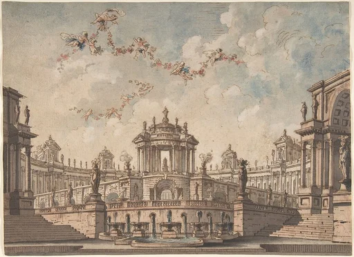 Design for a Stage Set: Semi-Circular Colonnaded Building, a Bridge Surmounted by a Tempietto, a Fountain in the Foreground and Putti Bearing Garlands.