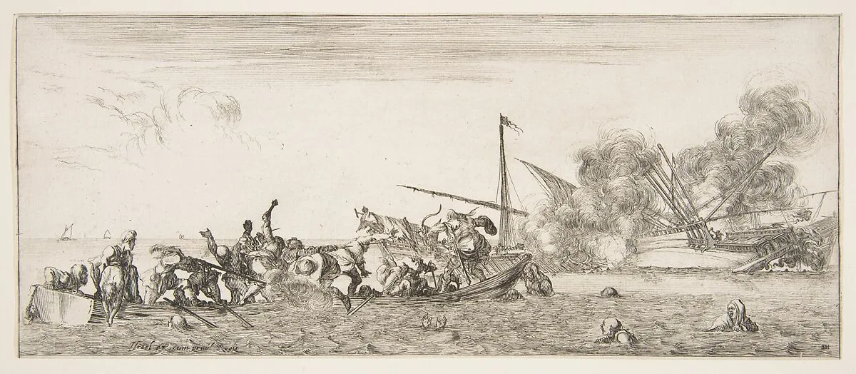 Naval battle, a rowboat filled with people fighting with muskets to left, people drowning in the sea in the center and right foreground, a ship on its side and burning in the background, from "Peace and War" (Divers desseins tant pour la paix que pour la guerre) — Stefano della Bella|Israël Henriet|Marquis de Maulevrier
