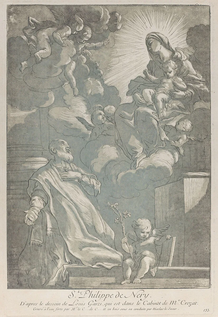 Saint Philip Neri, kneeling at left, with the Virgin and child appearing at upper right — Luigi Garzi|Nicolas Le Sueur