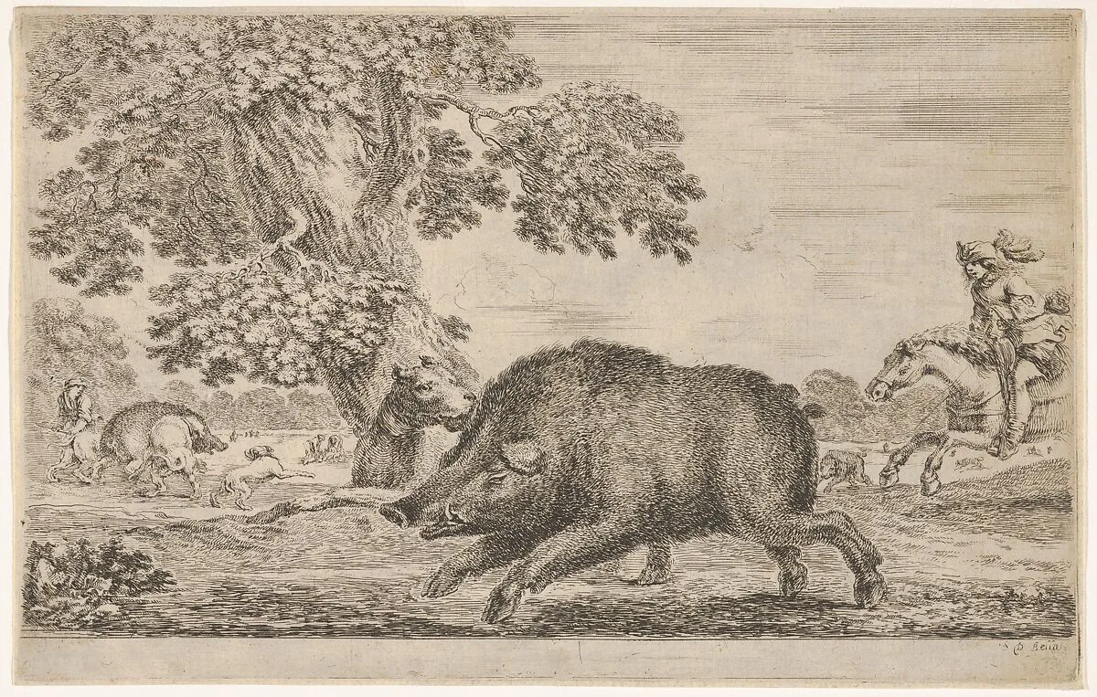 A wild boar running towards the left, a dog biting its ear behind to left, other dogs and horsemen in the background, from 'Hunts of various animals' (Chasses à différents animaux) — Stefano della Bella