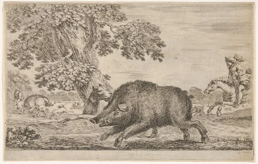 A wild boar running towards the left, a dog biting its ear behind to left, other dogs and horsemen in the background, from 'Hunts of various animals' (Chasses à différents animaux)