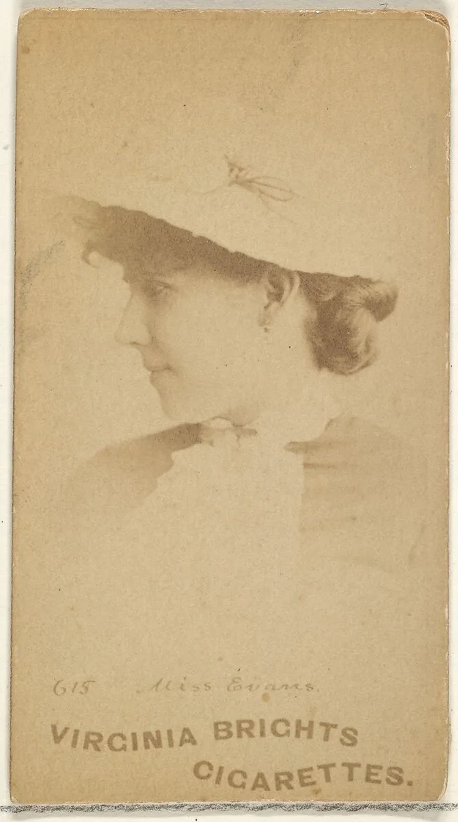 Card 615, Miss Evans, from the Actors and Actresses series (N45, Type 1) for Virginia Brights Cigarettes — Allen & Ginter