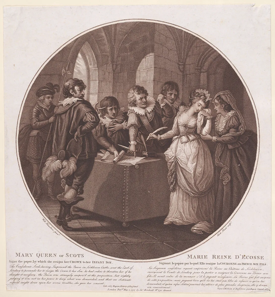 Mary, Queen of Scots signs the paper by which she resigns her crown to her infant son (from "History of England") — Mary, Queen of Scots|William Hamilton|James Birchall|Richard Read|Paul de Rapin de Thoyras
