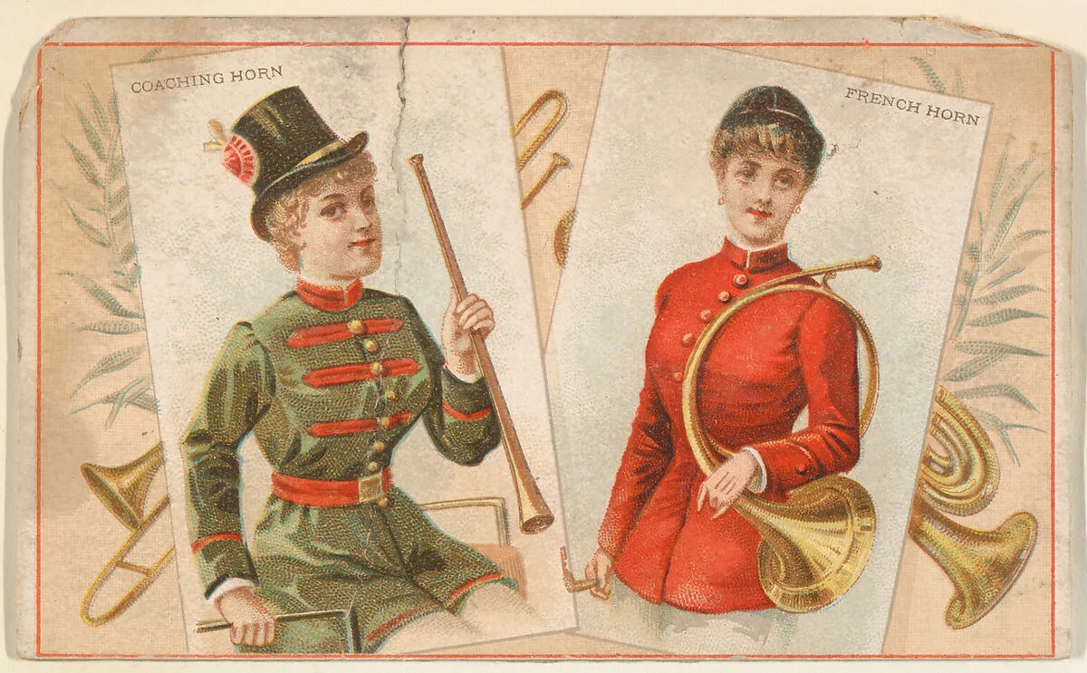 Coaching Horn and French Horn, from the Musical Instruments series (N121) issued by Duke Sons & Co. to promote Honest Long Cut Tobacco — W. Duke, Sons & Co.|Schumacher & Ettlinger