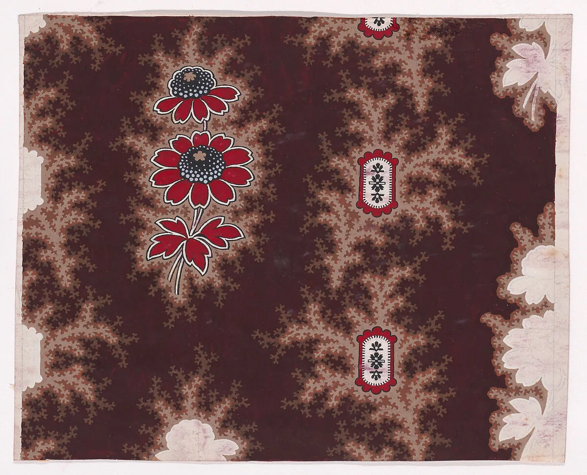 Textile Design with Alternating Vertical Rows of Stylized Flowers with Stems and Leaves with Offsetting Branches Separated by Ornamental Frames Containing Rosettes Flanked by Leaves and with Offsetting Branches — Anonymous, Alsatian, 19th century