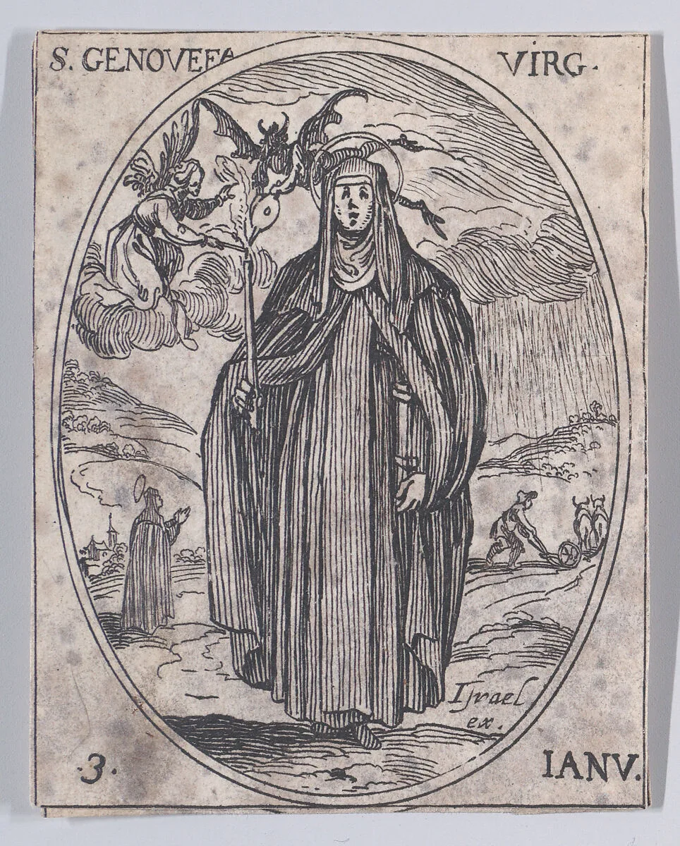 Ste. Geneviève, vierge (St. Genevieve, Virgin), January 3rd, from "Les Images De Tous Les Saincts et Saintes de L'Année" (Images of All of the Saints and Feast Days of the Year) — Jacques Callot|Israël Henriet