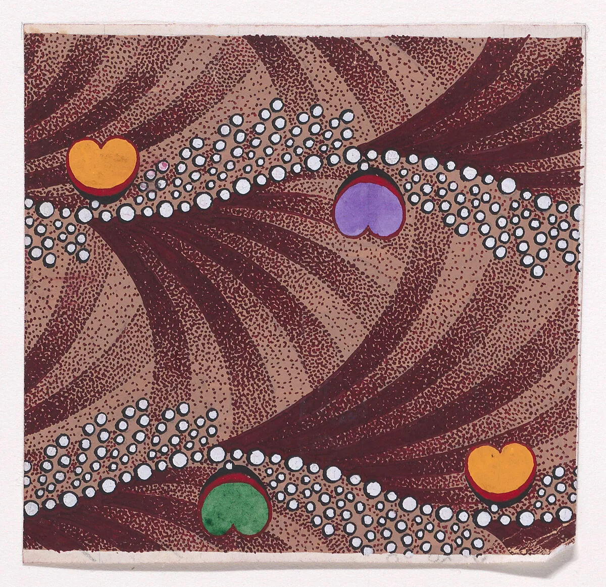 Textile Design with Horizontal Undulating Strips of Pearls with Alternating Offsetting Bundles of Pearls and Heart Shapes over a Background of Alternating Overlapping Scales — Anonymous, Alsatian, 19th century