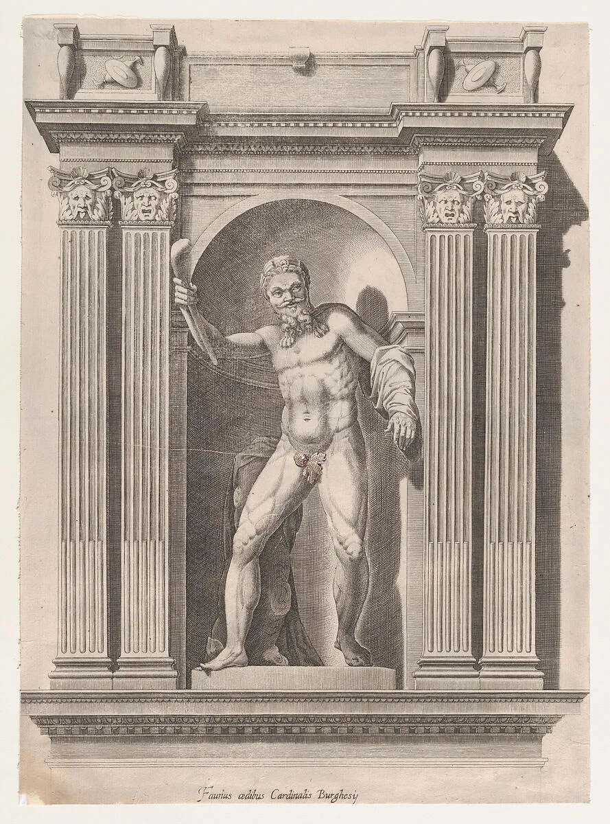 Speculum Romanae Magnificentiae: Sculpture of a faun standing in a niche after a statue in Scipione Borghese's villa — Anonymous