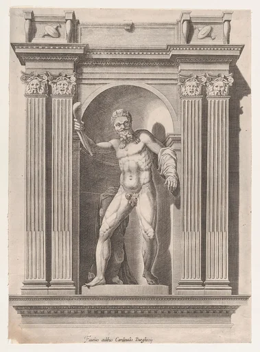 Speculum Romanae Magnificentiae: Sculpture of a faun standing in a niche after a statue in Scipione Borghese's villa