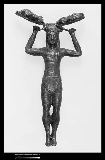 Bronze patera handle in the form of a young woman