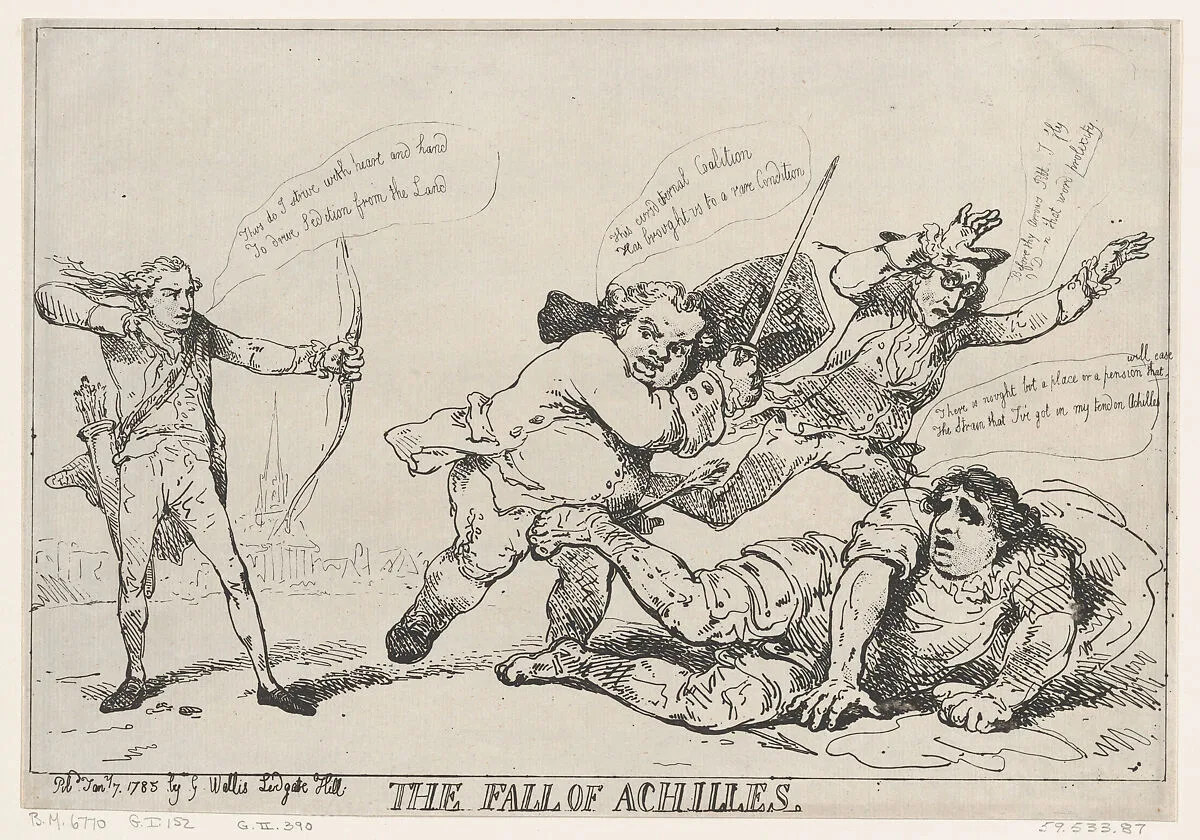 The Fall of Achilles — Thomas Rowlandson|G. Wallis|Charles James Fox|Frederick North, 2nd Earl of Guilford|William Pitt|The Right Honorable Edmund Burke