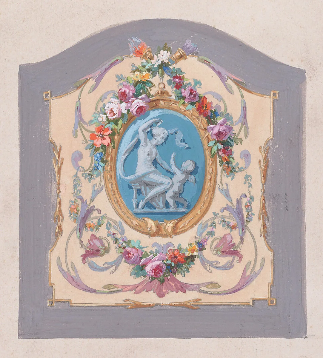 Design for a Chair Back Cover with an Oval-Shaped Ornamental Frame with a Kneeling Woman and a Playful Putto Surrounded by Garlands of Leaves and Flowers and Scrolling Acanthus Leaves Inside a Larger Ornamental Frame — Anonymous, French, 19th century