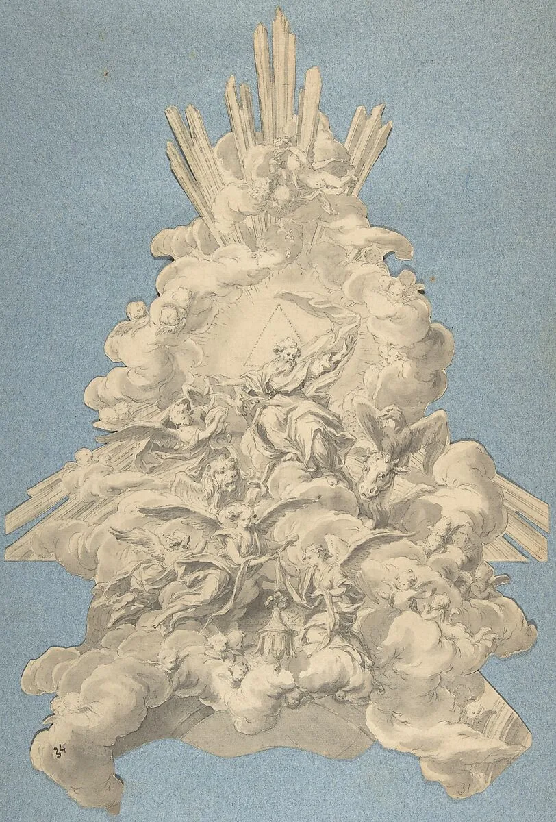 God the Father Surrounded by Angels and the Four Animals, Symbols of the Evangelists — Anonymous, German, 18th century