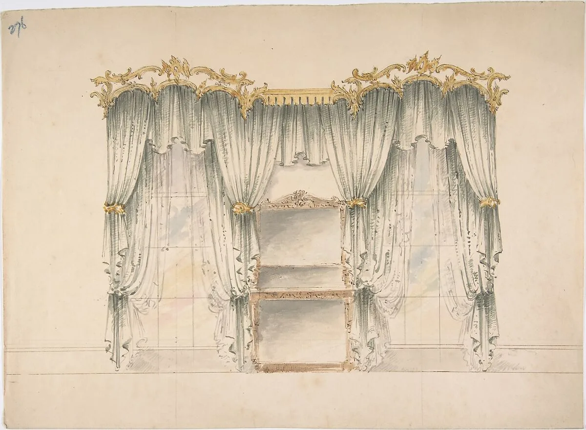 Design for White Curtains with Gold Pendiment and Tie-backs — Anonymous, British, 19th century