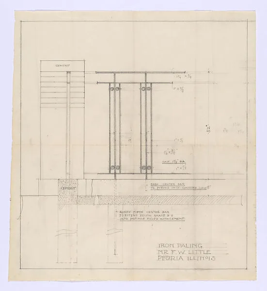 Elevation and Section of Fence, Little House, Peoria Illinois — Frank Lloyd Wright
