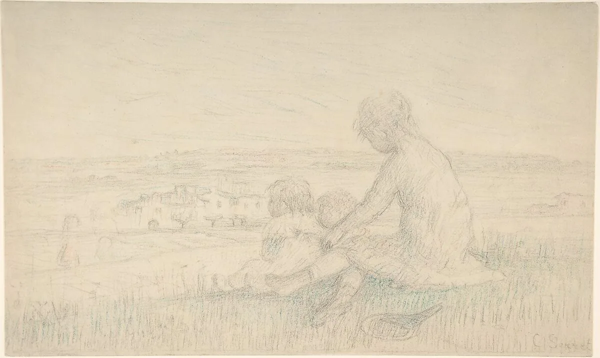 Children Seated on a Hillside with a Racquet — Charles-Emmanuel Serret