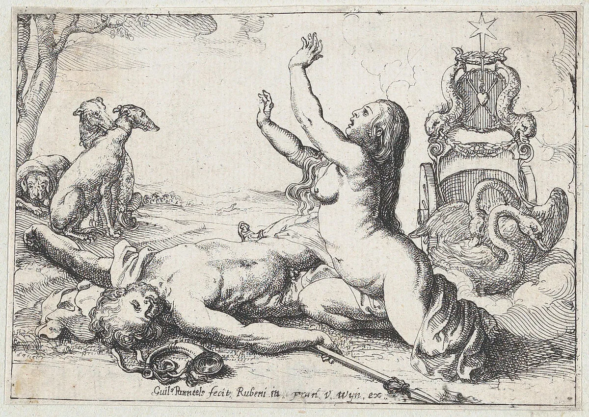 Venus mourning Adonis, who lies on the ground at left with his dogs behind him — Peter Paul Rubens|Frans van den Wyngaerde|Willem Panneels