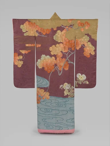 紫綸子地龍田川模様打掛|Outer Robe (Uchikake) with Maple Tree and River