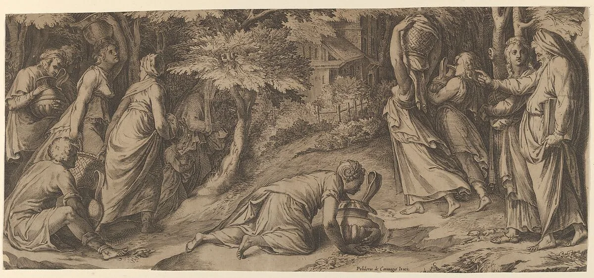The Israelites fleeing Egypt with Moses at right extending his right hand and with a woman carrying an urn prostrate before him — Cherubino Alberti (Zaccaria Mattia)|Polidoro da Caravaggio