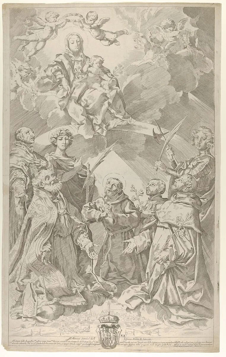 Patron saints of Bologna looking upwards at the Virgin who is seated in the clouds with the infant Christ on her lap, after Reni — Guido Reni|Flaminio Torre (Torri)