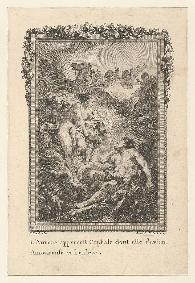 Vignette (Tome I.er, page 164, lib. II, fab. 15), depicting Cephalus and Aurora, from "Les Métamorphoses d'Ovide en Latin et en François de la traduction de M. l'Abbé Banier de l'Académie Royale des Inscriptions et Belles-Lettres. Avec des explications historiques. A Paris Chez Despilly rue saint Jacques à la croix d'or. MDCCLXVII. Avec Approbation et Privilège du Roi" — François Boucher|Augustin de Saint-Aubin|Ovid|Abbé Banier|Chez Despilly