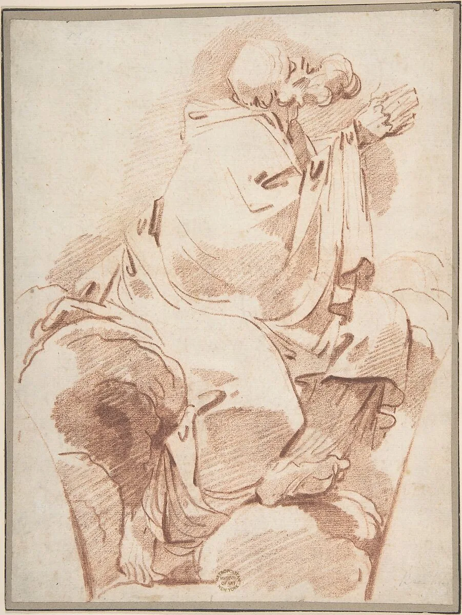Prophet Seated in Profile on a Cloudbank, Praying: decoration for a spandrel — Anonymous, Italian, 17th or 18th century|André Lebrun
