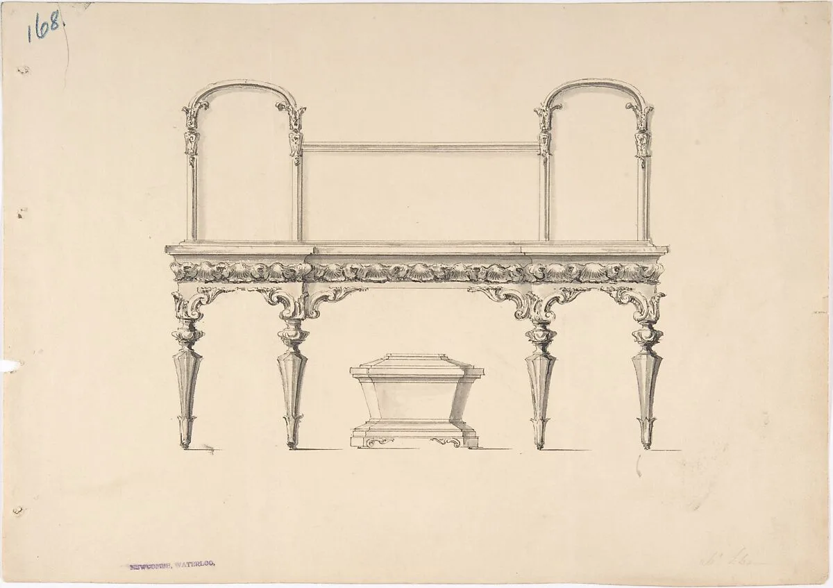 Design for a Sideboard with Mirrors and Shell Ornament, a Casket Below — Anonymous, British, 19th century