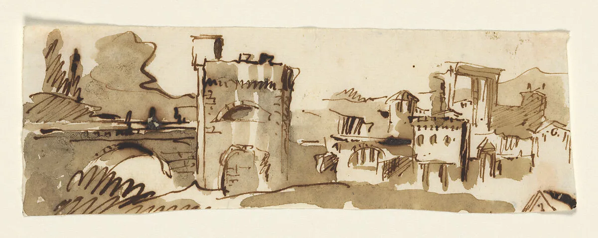 View of a Town with a Fortified Bridge — Giovanni Battista Tiepolo