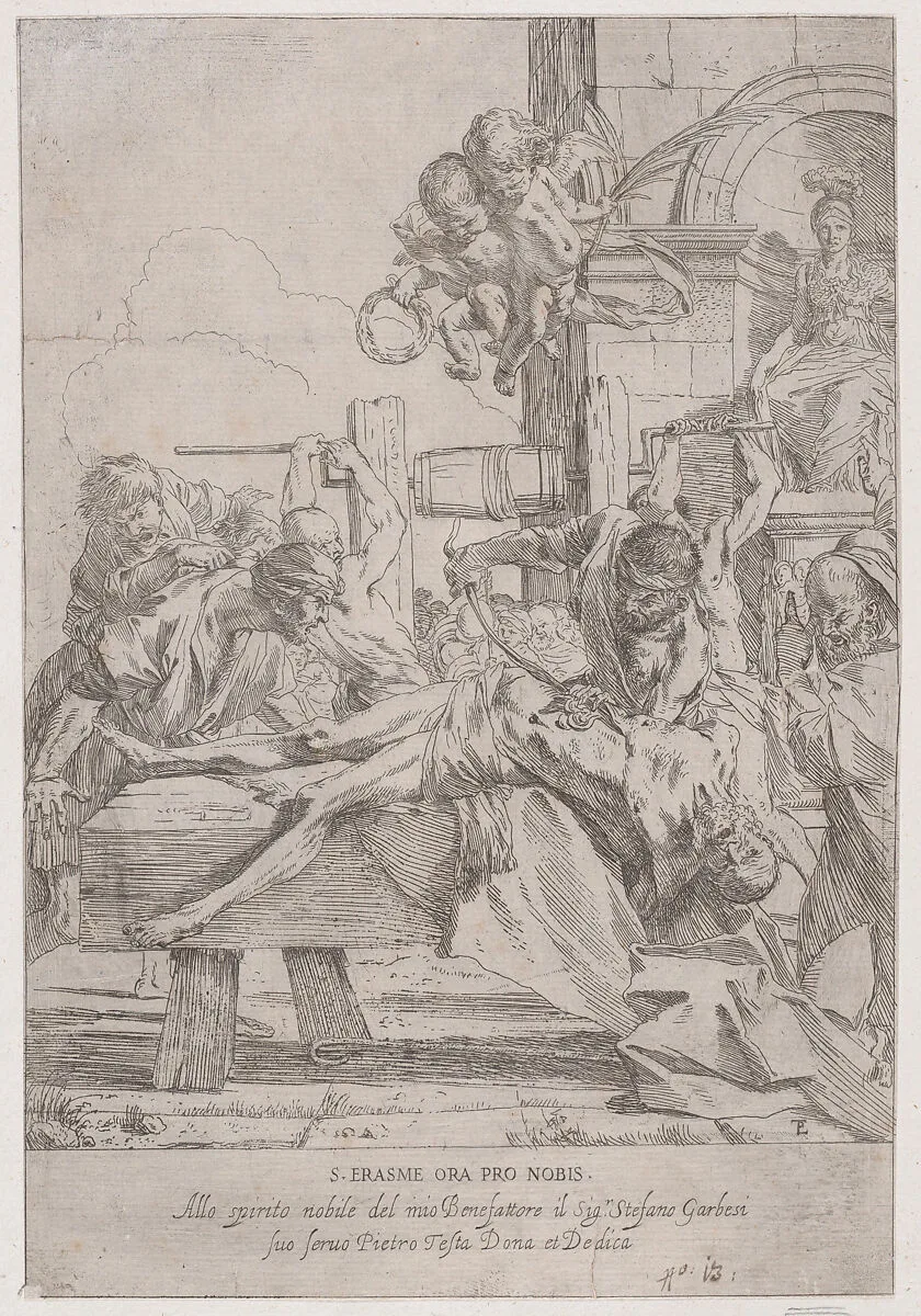 The martyrdom of Saint Erasmus who is prostrate having in innards removed, two putti above holding the crown and palm of martyrdom — Pietro Testa