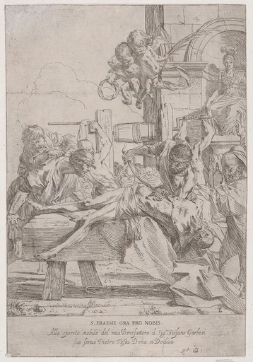 The martyrdom of Saint Erasmus who is prostrate having in innards removed, two putti above holding the crown and palm of martyrdom