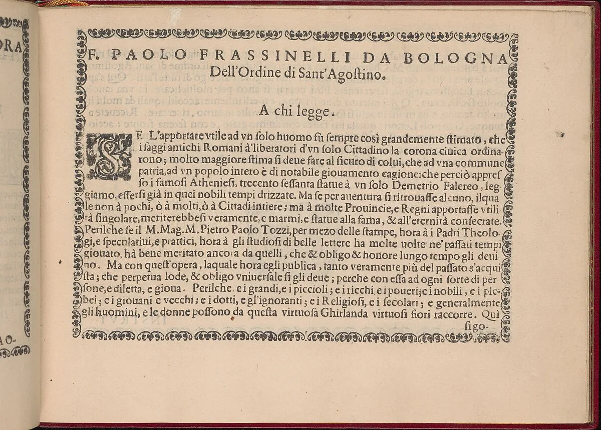 Ghirlanda: Di sei vaghi fiori scielti da piu famosi Giardini d'Italia, page 3 (recto) — Pietro Paulo Tozzi|Libraria del Giesu