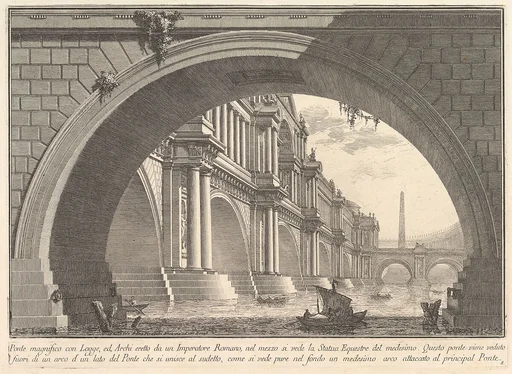 Magnificent bridge with loggias, and arches erected by a Roman Emperor... (Ponte magnfiico con Logge, ed Archi erretto da un Imperatore Romane...), from "Prima Parte di Architettura, e Prospettive"