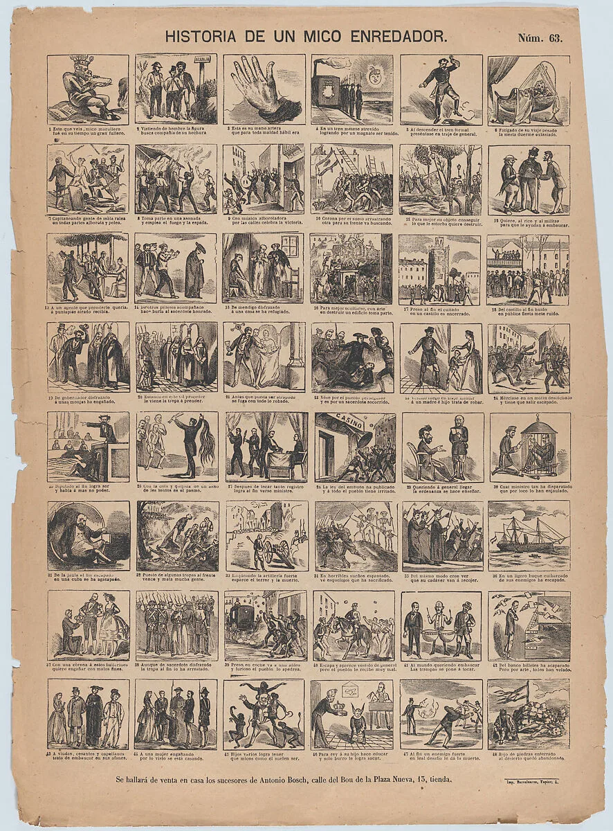 Broadside with 48 scenes relating to the story of a 'mico enredador' — Antonio Bosch