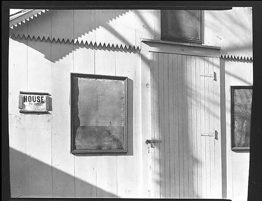 [Cottage with Tree Shadows on Façade at Ossining Camp Woods, New York]